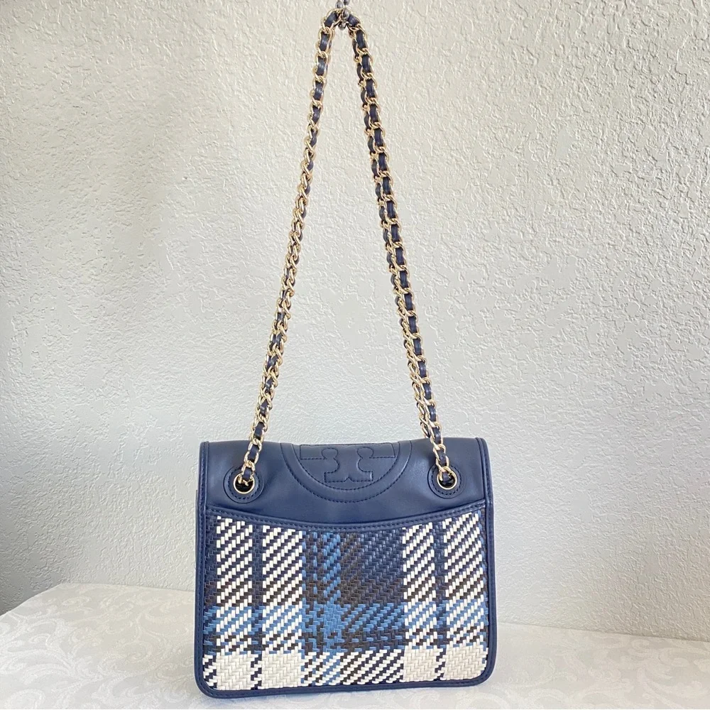 Tory Burch navy woven chain strap bag